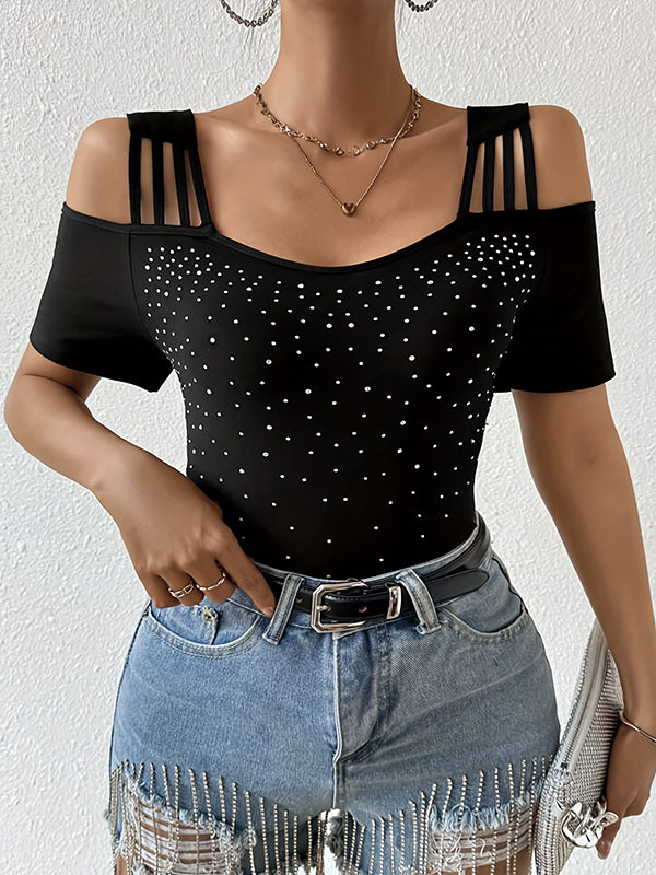 Hollow Rhine Stones Split-Joint Short Sleeves Cold Shoulder T-Shirts Tops