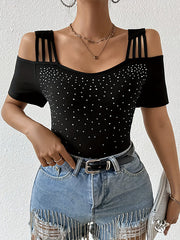 Hollow Rhine Stones Split-Joint Short Sleeves Cold Shoulder T-Shirts Tops