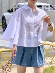 Buttoned Pleated Solid Color A-Line Flared Sleeves Lapel Blouses&Shirts Tops