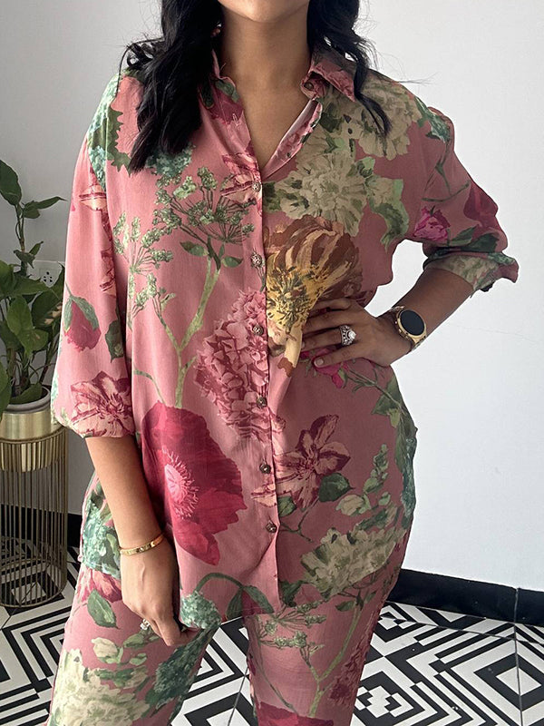 Lapel Long Sleeves Buttoned Flower Print Shirts Top + Ninth Pants Pants Bottom Two Pieces Set