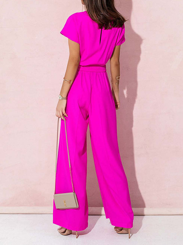 Belted Pleated High Waisted Loose V-Neck Jumpsuits