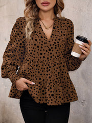 Elasticity Polka-Dot Split-Joint Long Sleeves Loose V-Neck Blouses&Shirts Tops