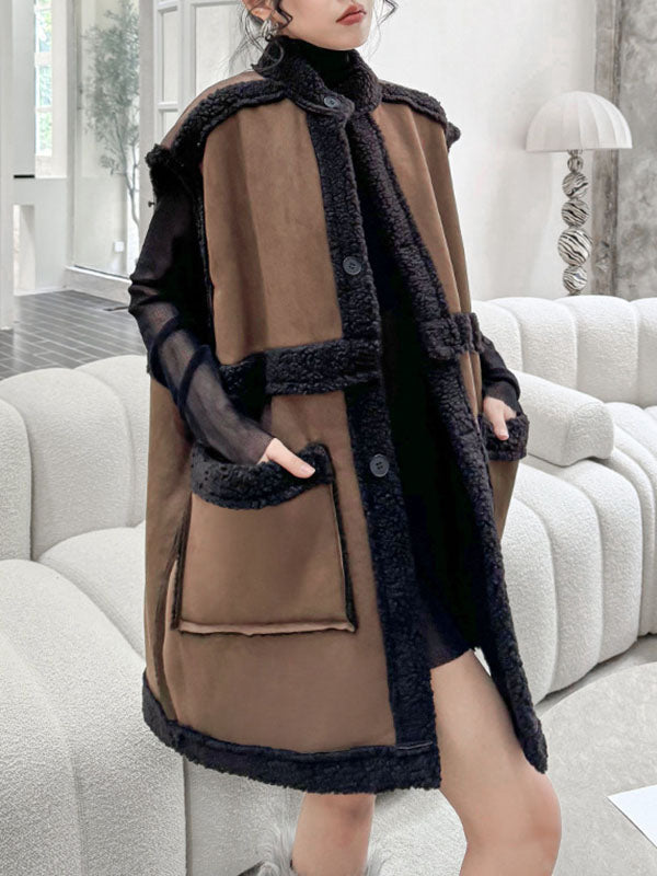 Buttoned Contrast Color Pockets Reversible Velvet Loose Sleeveless Stand Collar Vest Outerwear
