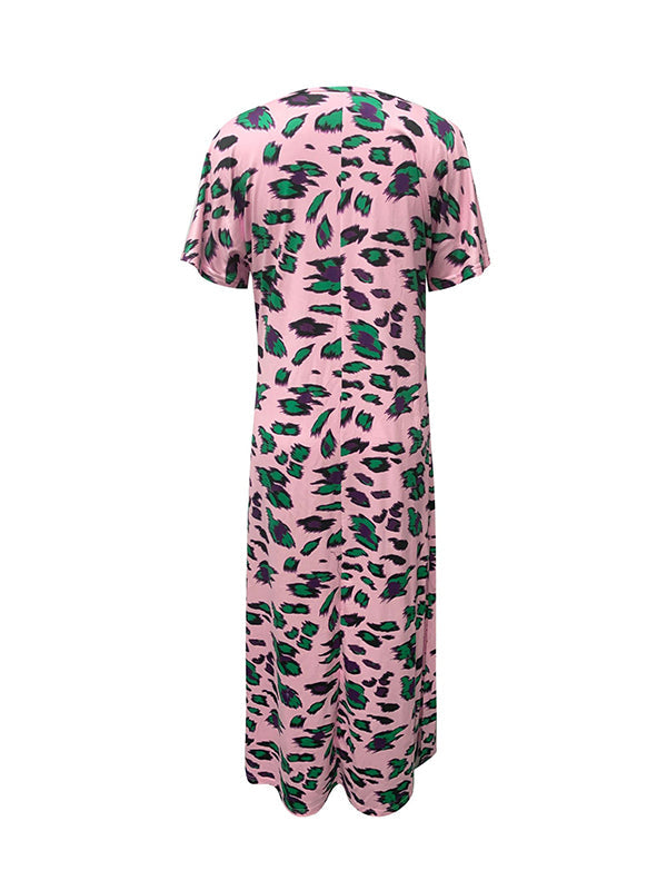 Printed Split-Side Loose Short Sleeves V-Neck Maxi Dresses