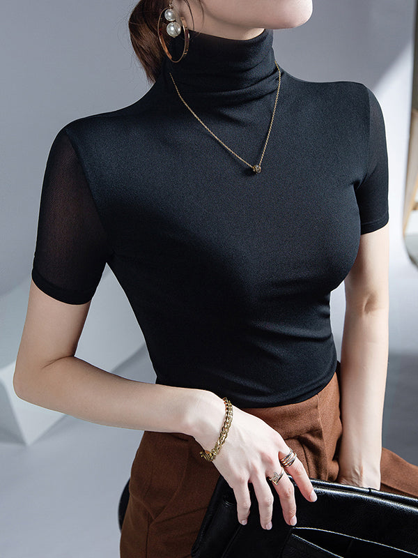 Solid Color Half Sleeves Skinny High Neck T-Shirts Tops