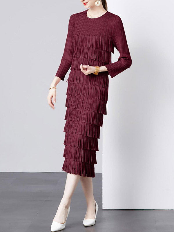 Pleated Solid Color Split-Joint Tasseled Long Sleeves Loose Round-Neck Midi Dresses
