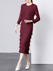 Pleated Solid Color Split-Joint Tasseled Long Sleeves Loose Round-Neck Midi Dresses