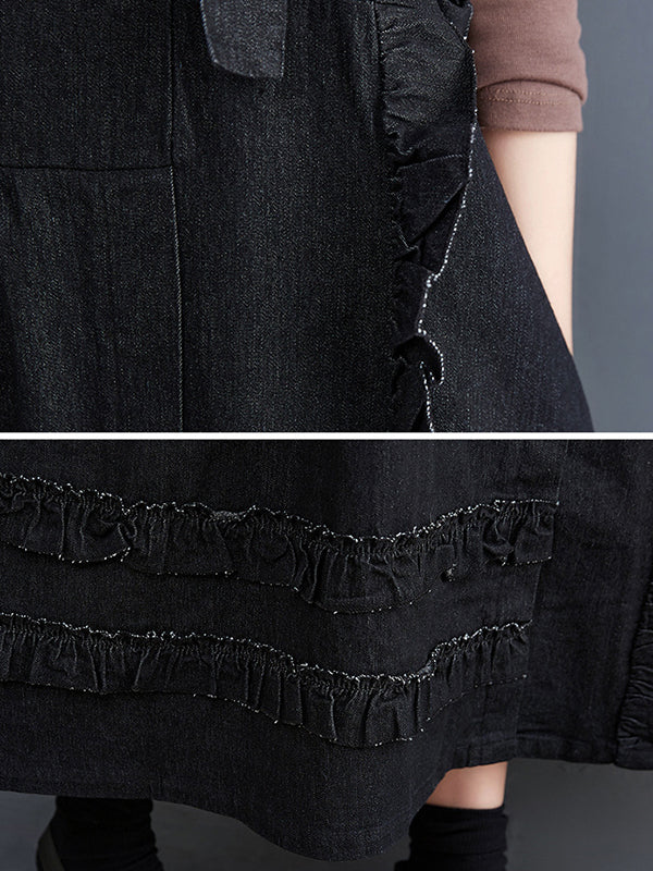 Oversize Loose Falbala Solid Color Denim Midi Dresses