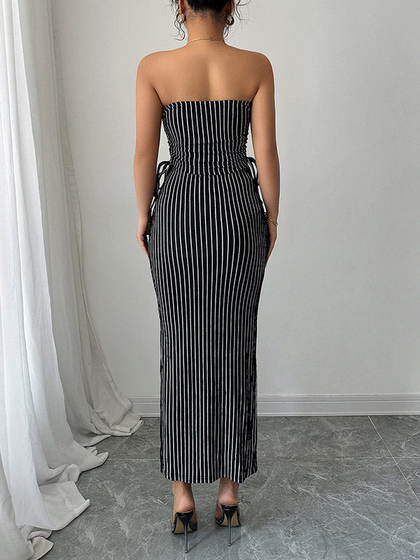 Contrast Color Sleeveless Striped Tube Top + Split-Side Drawstring Bodycon Skirts Bottom Two Pieces Set