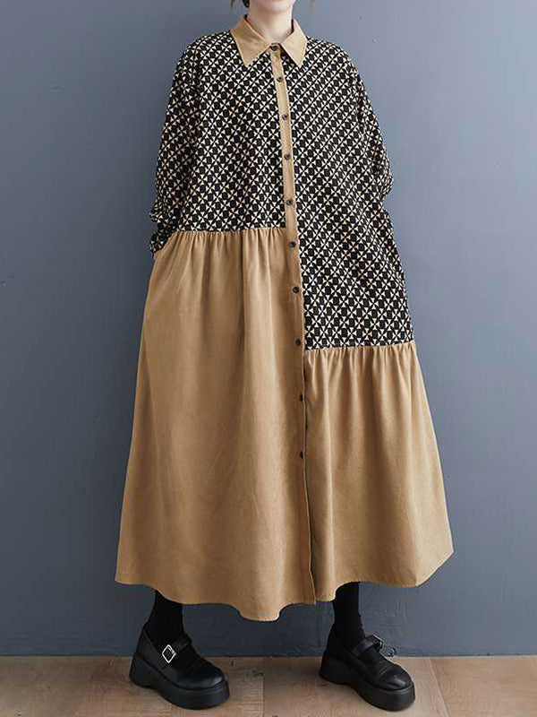 Asymmetric Buttoned Pleated Printed Split-Joint A-Line Long Sleeves Lapel Midi Dresses