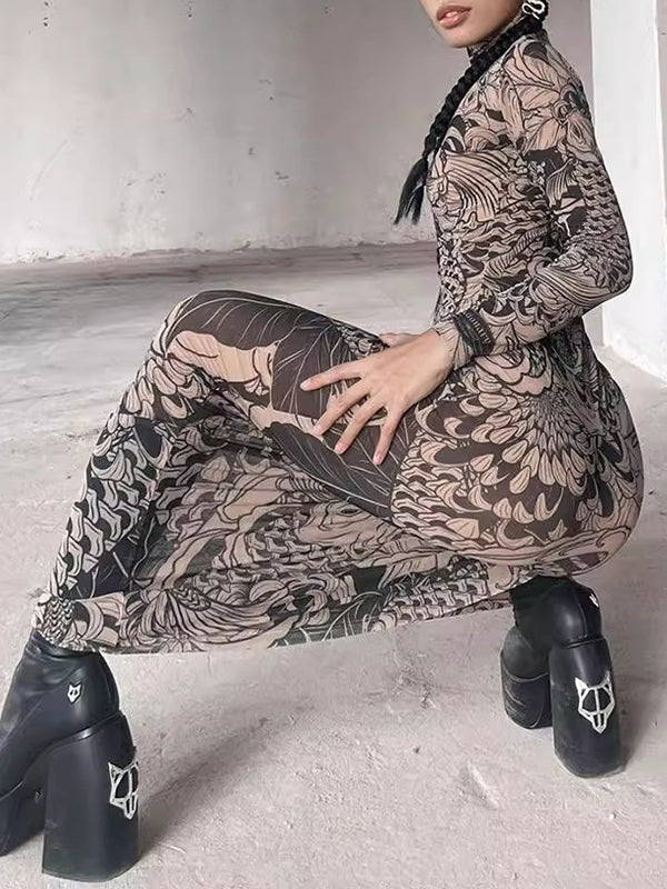 Printed See-Through Split-Joint Long Sleeves Skinny High Neck Maxi Dresses Evening Dresses