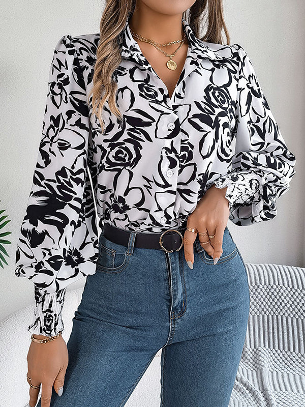 Buttoned Contrast Color Elasticity Flower Print Long Sleeves Loose Lapel Blouses&shirts Tops