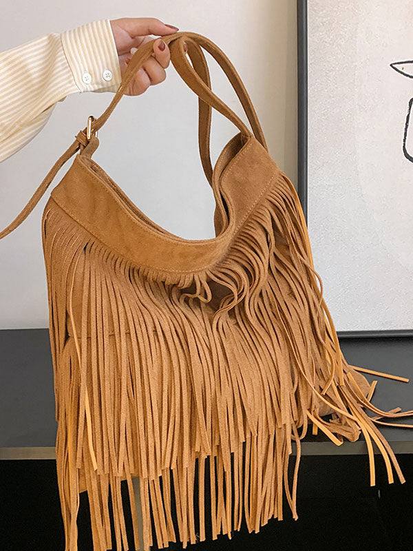 Hollow Solid Color Tasseled Zipper Handbags Crossbody Bags