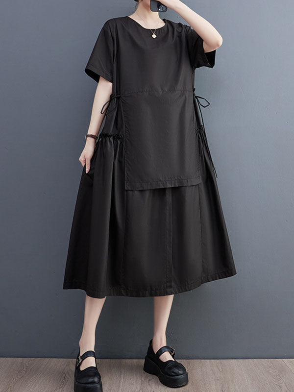 Solid Color Split-Joint Loose Short Sleeves Round-neck Midi Dresses