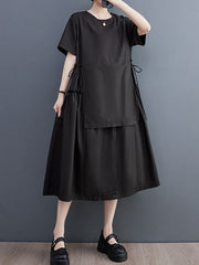 Solid Color Split-Joint Loose Short Sleeves Round-neck Midi Dresses