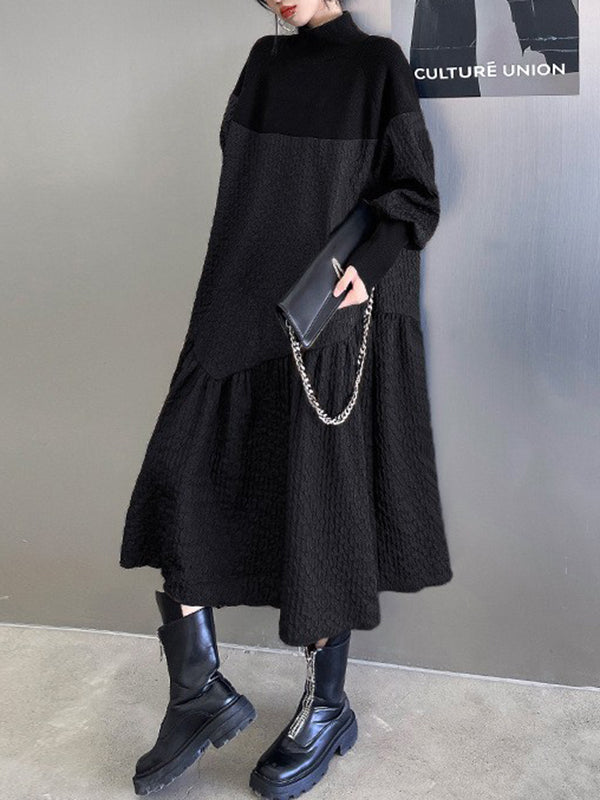 Asymmetric Solid Color Split-Joint A-Line Long Sleeves High-Neck Sweater Dresses Midi Dresses