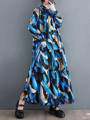 Buttoned Printed Split-Joint A-Line Long Sleeves Stand Collar Shirt Dress Maxi Dresses