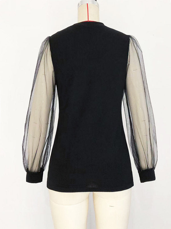 Solid Color Loose Puff Sleeves V-Neck Mesh Blouses&Shirts Tops