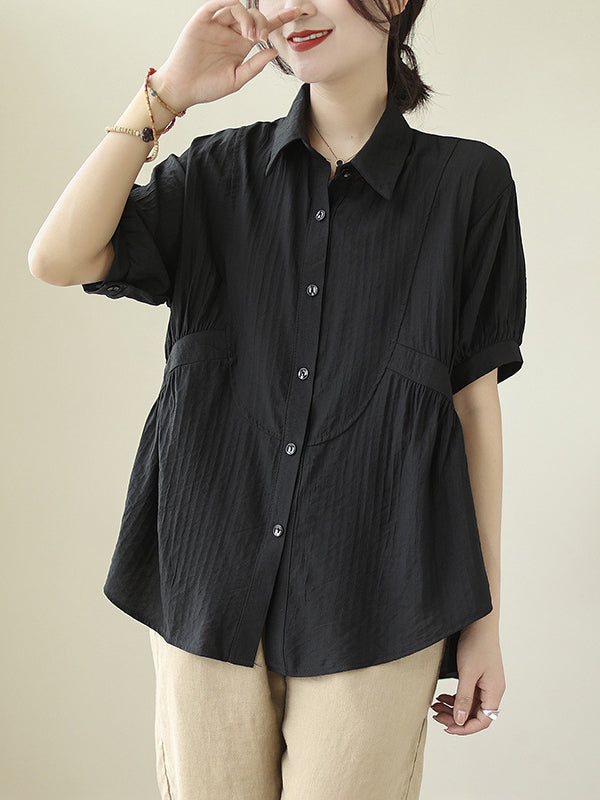 Pleated Solid Color Split-Joint Half Sleeves Loose Lapel Blouses&Shirts Tops