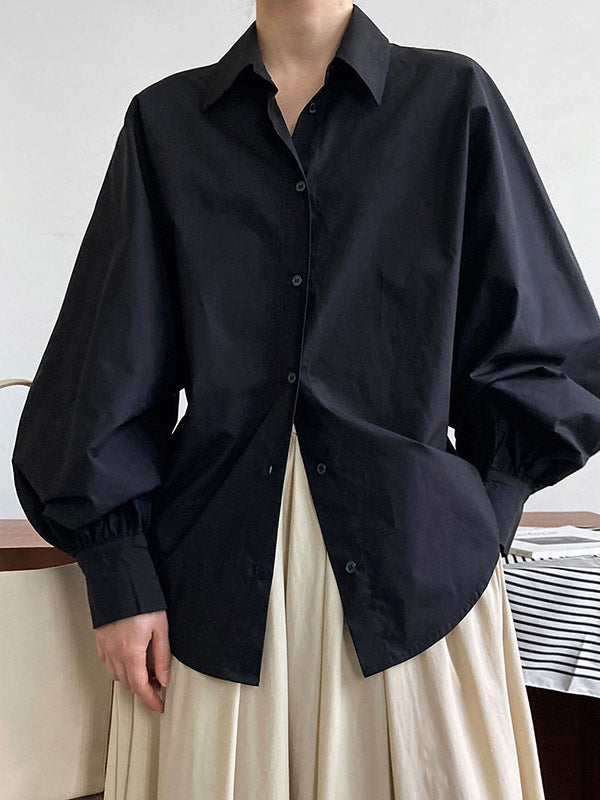 Buttoned Pleated Solid Color Long Sleeves Loose Lapel Blouses&Shirts Tops