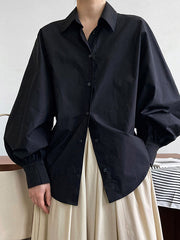Buttoned Pleated Solid Color Long Sleeves Loose Lapel Blouses&Shirts Tops