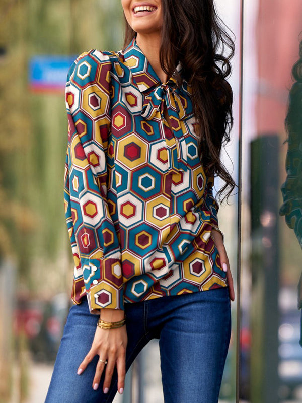 Lace-Up Printed Long Sleeves Loose Lapel Blouses&Shirts Tops