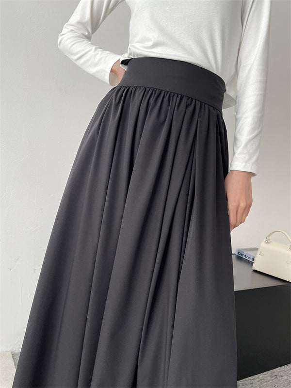 Pleated Solid Color Split-Joint A-Line High Waisted Skirts Bottoms