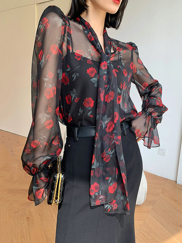 Elasticity Flower Print Mesh Tied Flared Sleeves Long Sleeves V-Neck Blouses&Shirts Tops