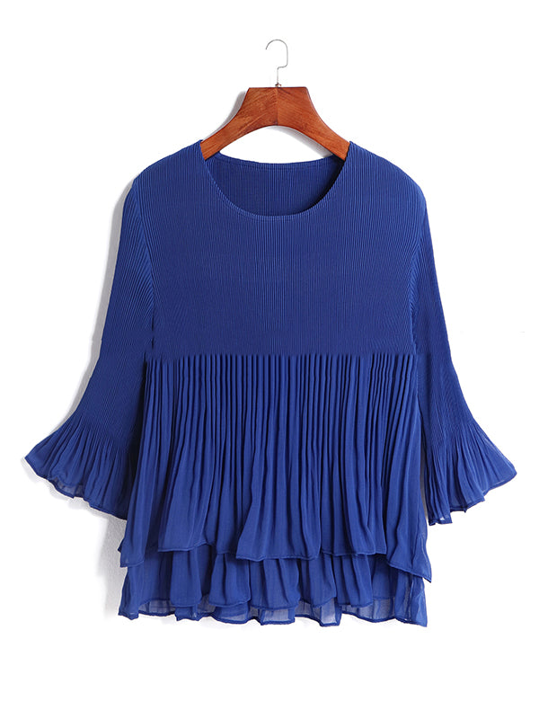 Original Loose Solid Color Pleated Falbala T-Shirt Top