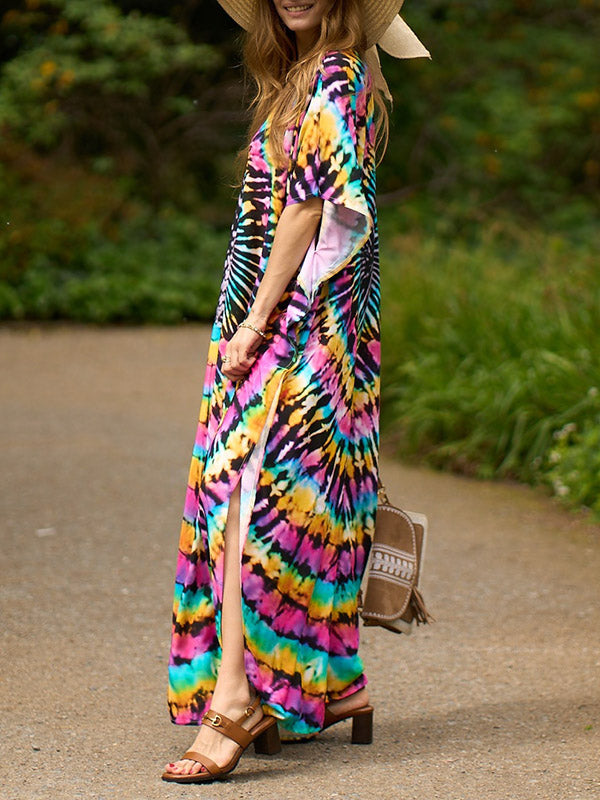 Printed Split-Side Batwing Sleeves Loose V-Neck Maxi Dresses Beach Cover-Up