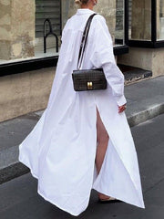 Buttoned Solid Color Split-Side Long Sleeves Loose Lapel Shirt Dress Maxi Dresses