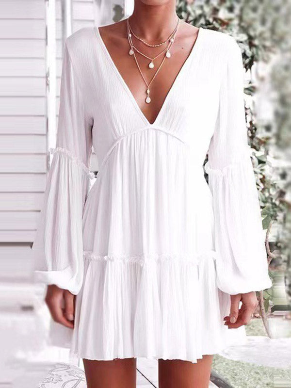 Backless Elasticity Pleated Solid Color Split-Joint A-Line Long Sleeves Deep V-Neck Mini Dresses