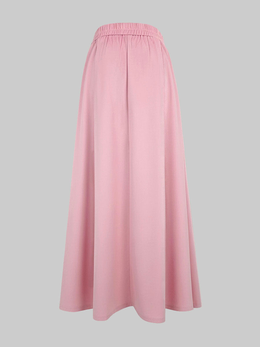 Elasticity Pleated Pockets Solid Color High Waisted Skirts Bottoms