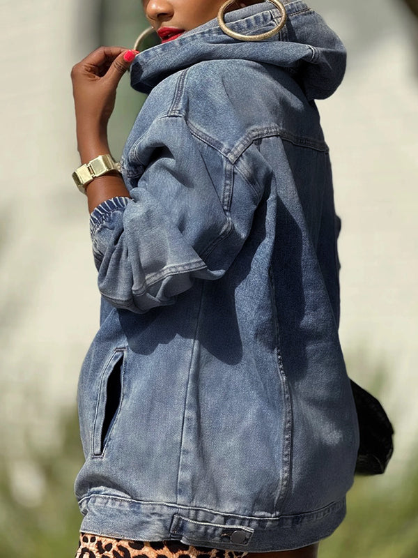 Long Sleeves Loose Pockets Solid Color Split-Joint Hooded Sweatshirt Tops