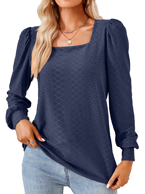 Jacquard Solid Color Loose Square-neck T-Shirts Tops