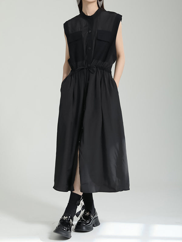 Contrast Color Drawstring Split-Joint Tied Waist Loose Sleeveless Round-Neck Midi Dresses
