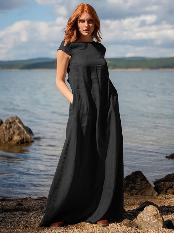 Simple Gray Ramie Cotton Cap Sleeve Maxi Dress