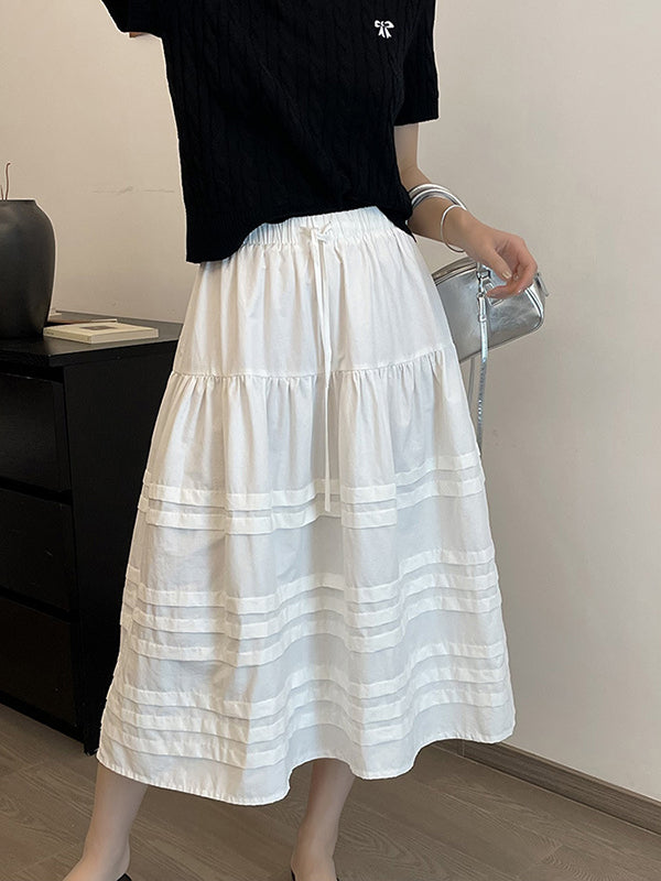 Drawstring Elasticity Pleated See-Through Solid Color Split-Joint A-Line Loose Skirts