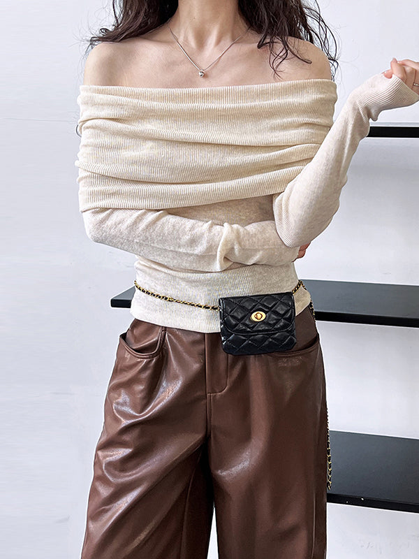 Solid Color Long Sleeves Skinny Off-The-Shoulder Sweater Tops Pullovers