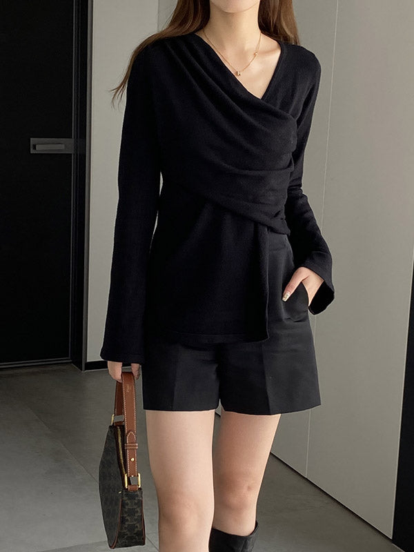 Asymmetric Solid Color Long Sleeves Loose V-Neck T-Shirts Tops