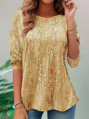 Printed A-line Long Sleeves Round-neck T-Shirts Tops
