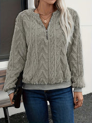 Solid Color Zipper Long Sleeves Loose V-Neck Sweatshirt Tops