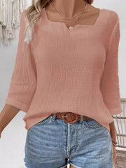 See-Through Solid Color Split-Joint Long Sleeves Loose Square-Neck Blouses&Shirts Tops