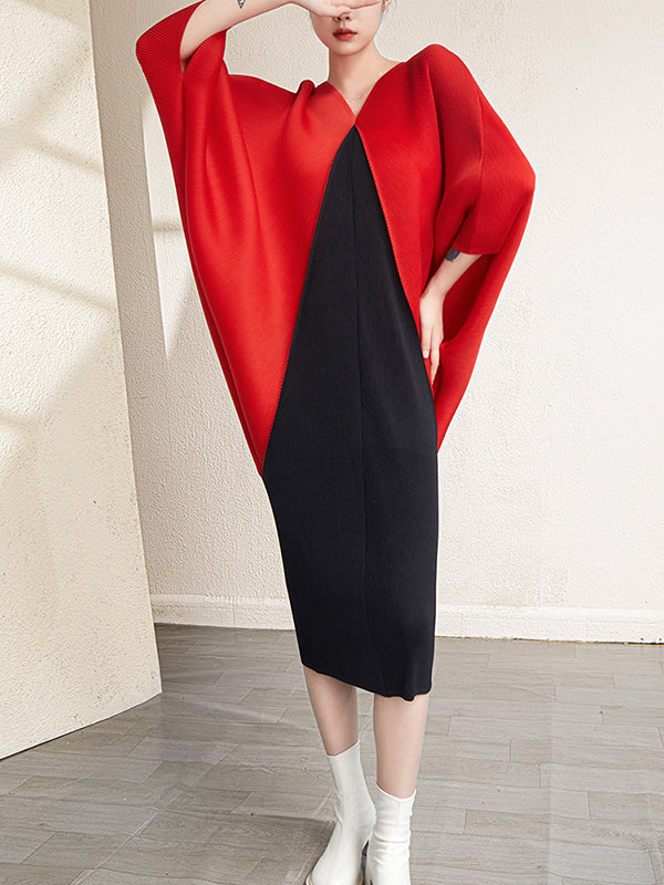 Urban Batwing Sleeves Contrast Color Pleated V-Neck Midi Dresses