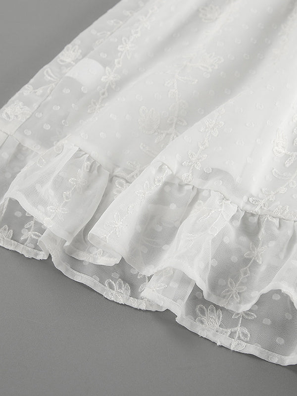 Jacquard Pleated Ruffled See-Through Solid Color Split-Joint Tied Waist Loose Puff Sleeves Stand Collar Mini Dresses