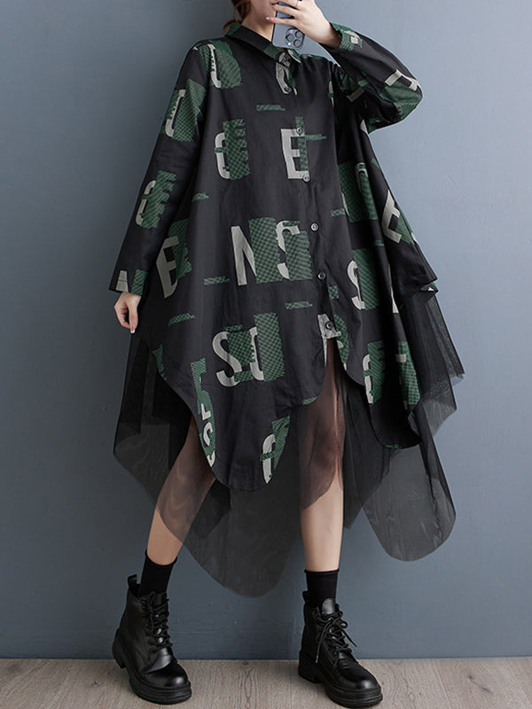 Buttoned Letter Print Mesh Split-Joint A-Line Long Sleeves Lapel Shirt Dress Midi Dresses