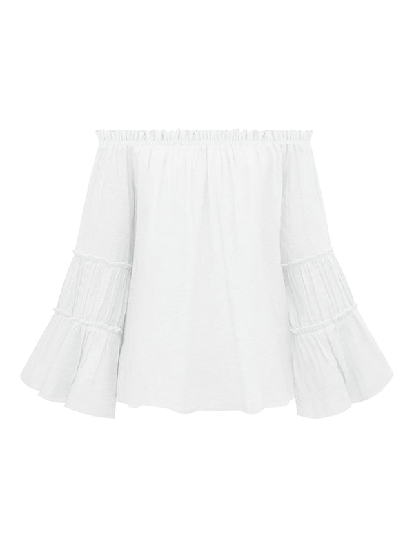 Urban Solid Color Pleated Puff Sleeves Off-The-Shoulder Blouse