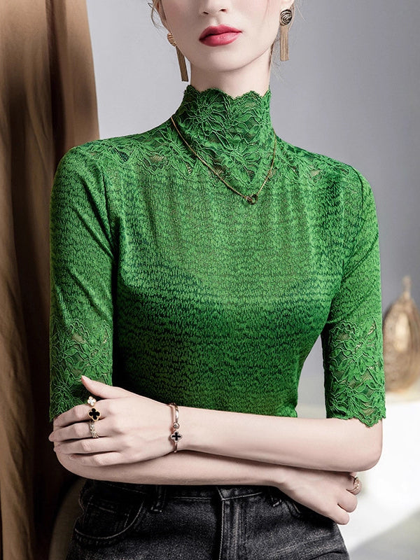Slightly Sheer Split-Joint Textured False Two Half Sleeves High Neck T-Shirts Tops
