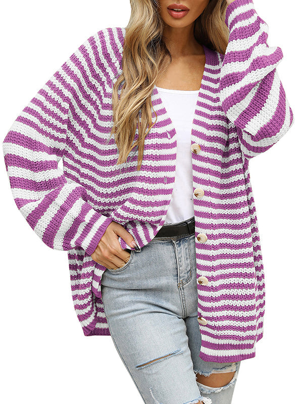Casual Loose Long Sleeves Striped V-Neck Cardigan Tops