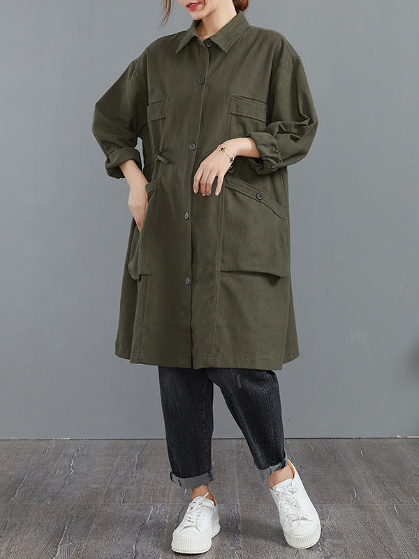 Casual Loose Solid Color Buttoned Lapel Collar Long Sleeves Trench Coat
